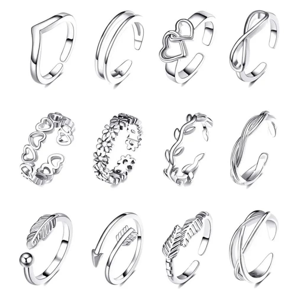 Silver Adjustable Open Toe Rings - Set of 12